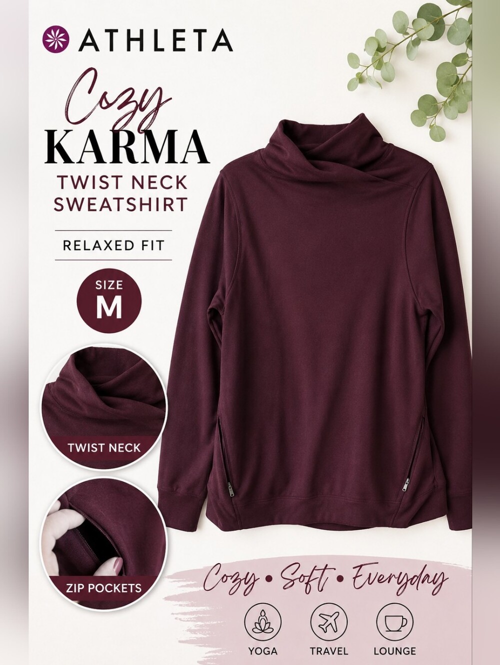 Athleta Cozy Karma Twist Neck Sweatshirt M Plum Relaxed Fit Pullover Cozy Yoga